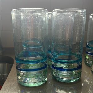 Set of 6 Mexican Glass Tumblers with Blue/Grn/Turq swirls